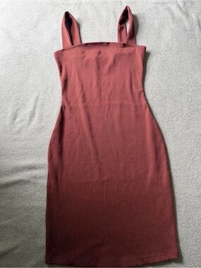 Ribbed Square-Neck Mini Dress in Dusty Rose